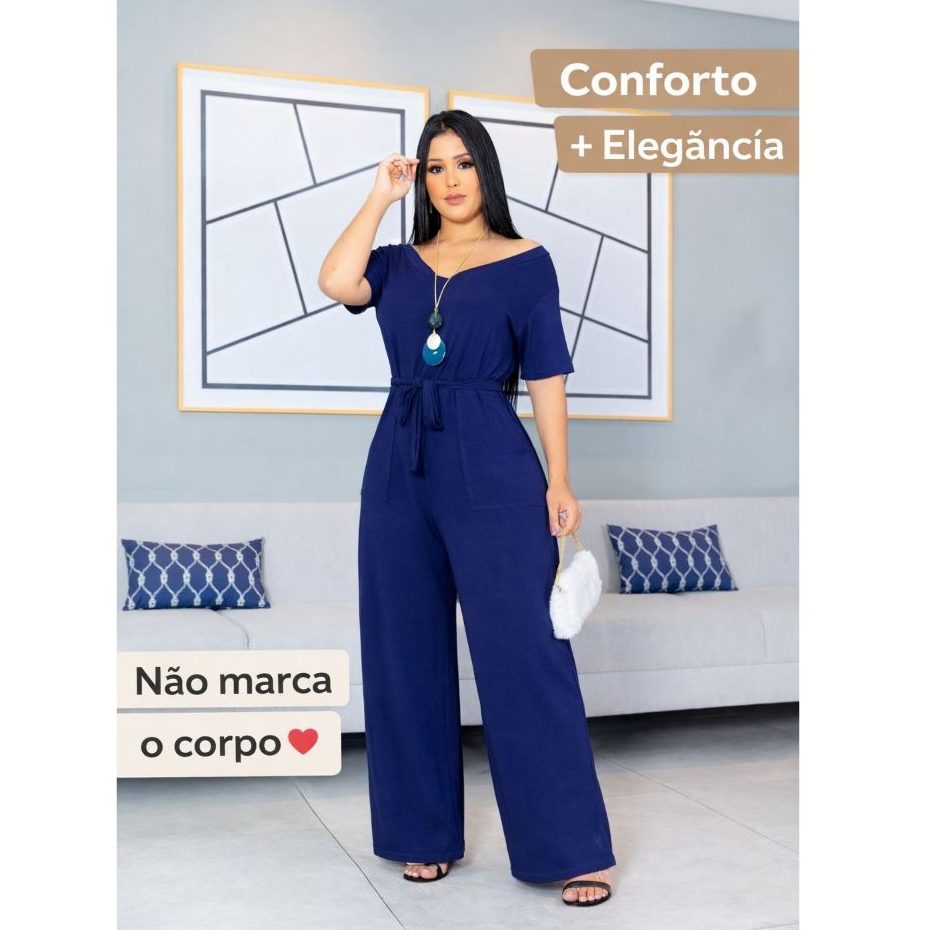 Macacão feminino pantalona viscolycra elegante soltinho com bolso manga curta moda evangélica