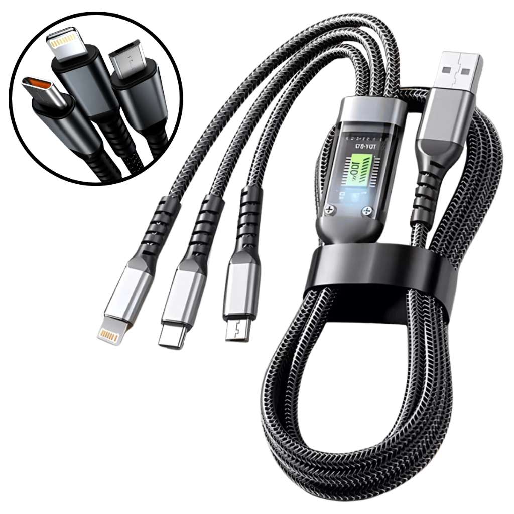 Cabo Carregador 3 em 1 Turbo Rápido 100W Nylon iPhone Android Tipo C Inova