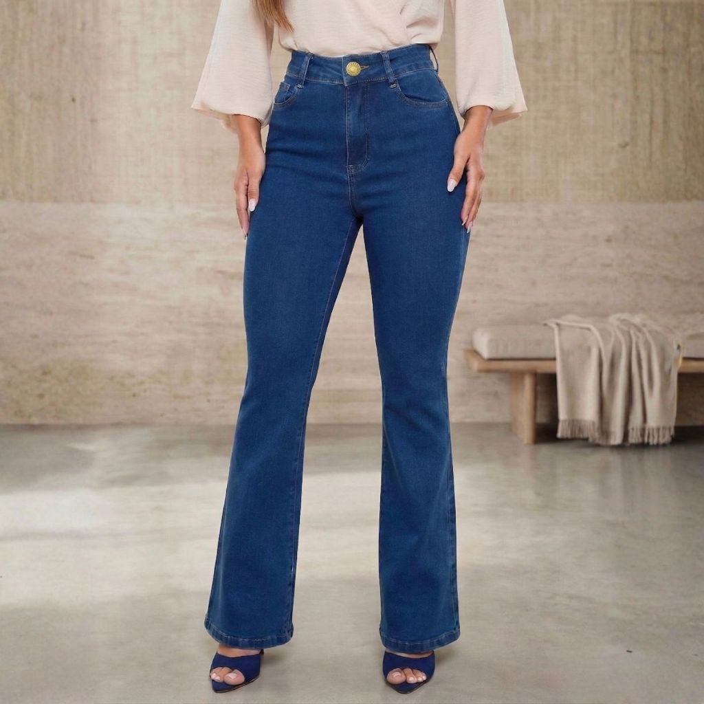 Calça Jeans Flare Feminina Cintura Alta Boca de Sino com Lycra Tecido Premium Country