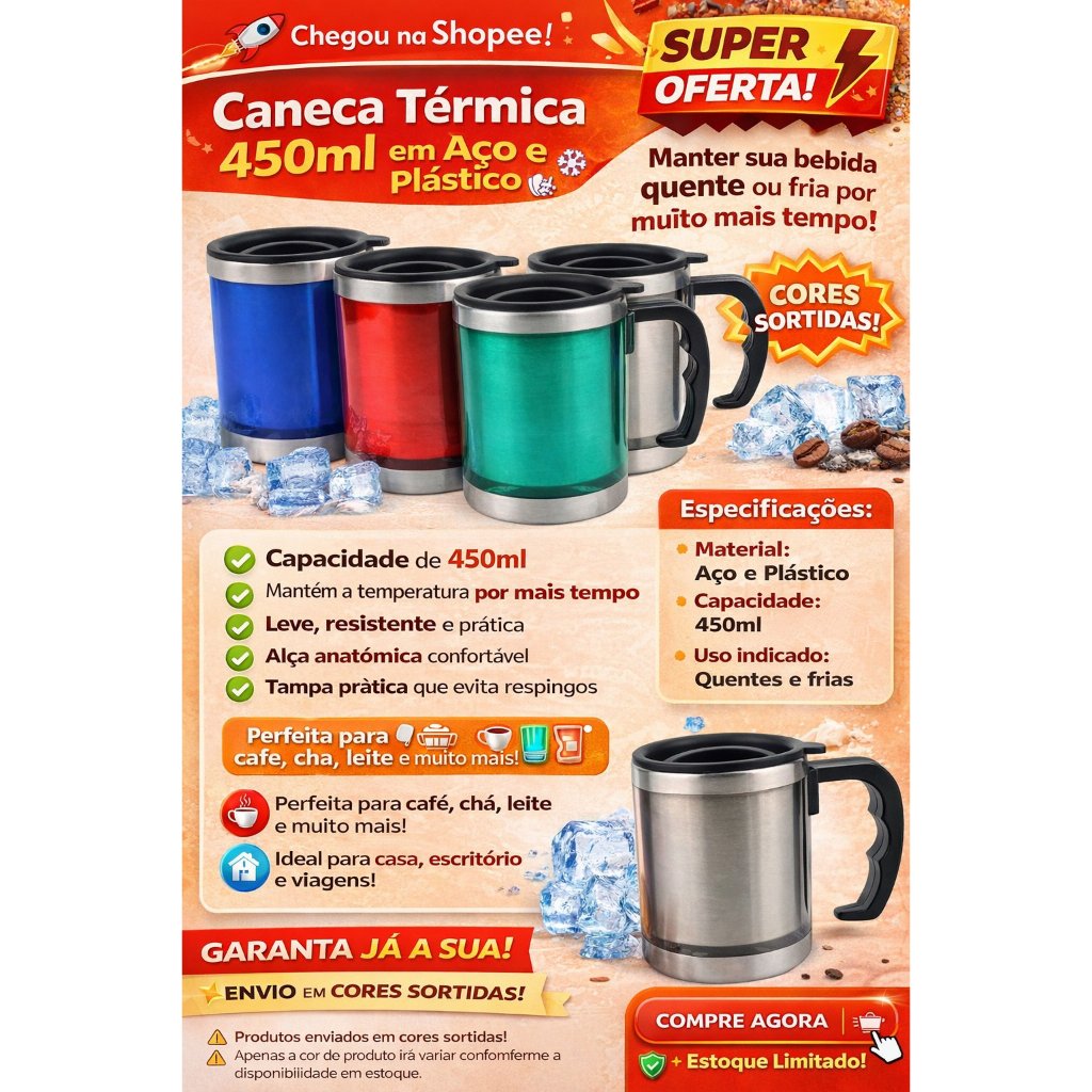 Caneca Térmica 450ml em Aço e Plástico 💙❤️💚🩶 em Oferta na Shopee
