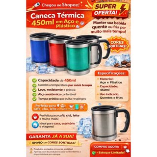 Caneca Térmica 450ml em Aço e Plástico 💙❤️💚🩶 em Oferta na Shopee