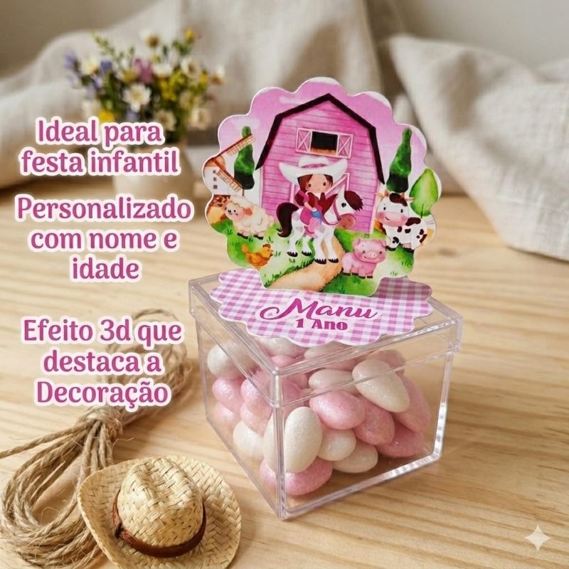 50 Apliques 3D Boiadeira Fazendinha Rosa Personalizado - Nome e Idade - Ideal para Latinha e Caixinha 5x5