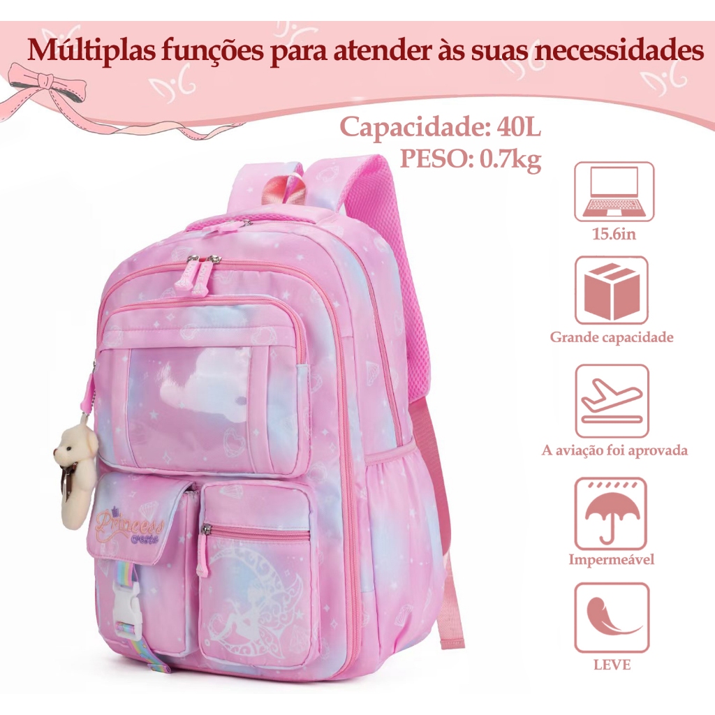 Detalhes do Mochila Escolar Infantil Feminina Grande Capacidade Impermeável Abertura 180° Fofa Reforçada Confortável Escola Viagem