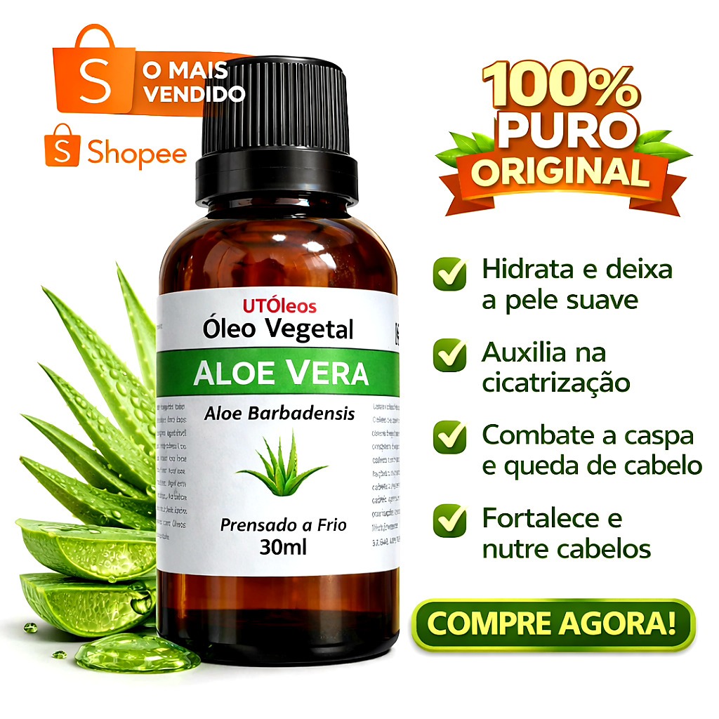 Óleo Vegetal Aloe Vera 100% Puro 30ml Hidratação Leve Pele Cabelo Uso Diário Qualidade Premium