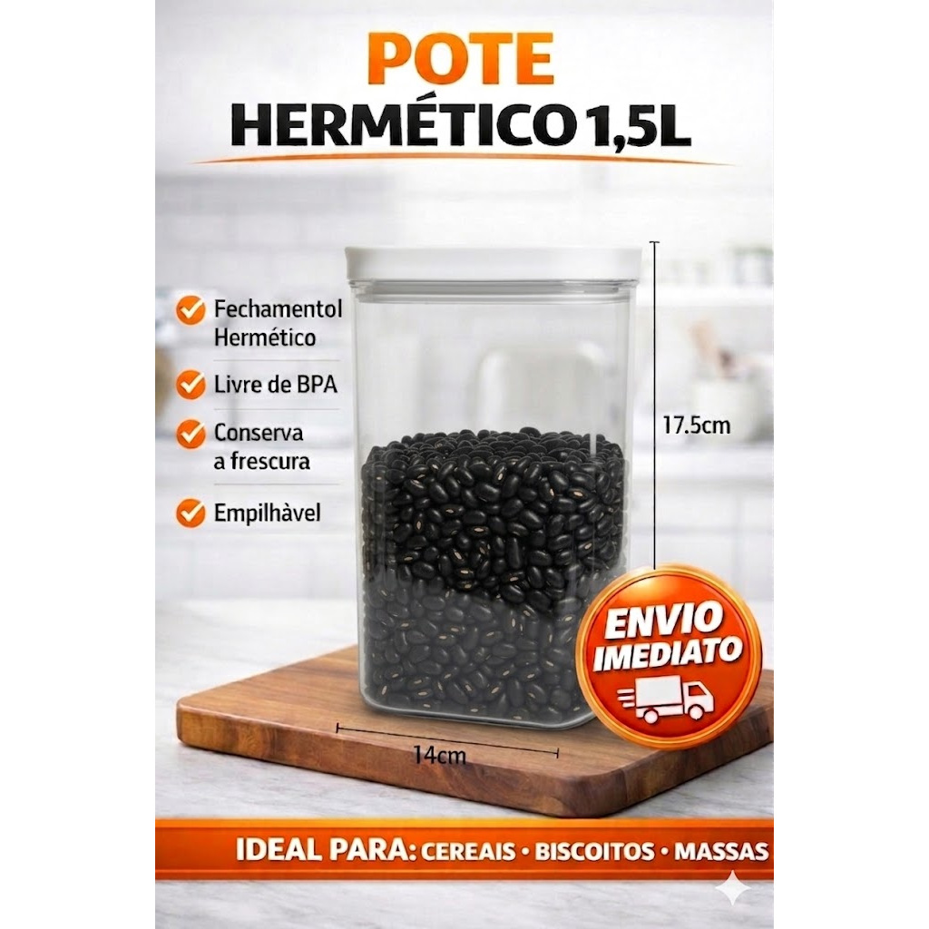 Pote Hermético 1,5L Transparente Organizador Porta Mantimento Empilhável BPA Free