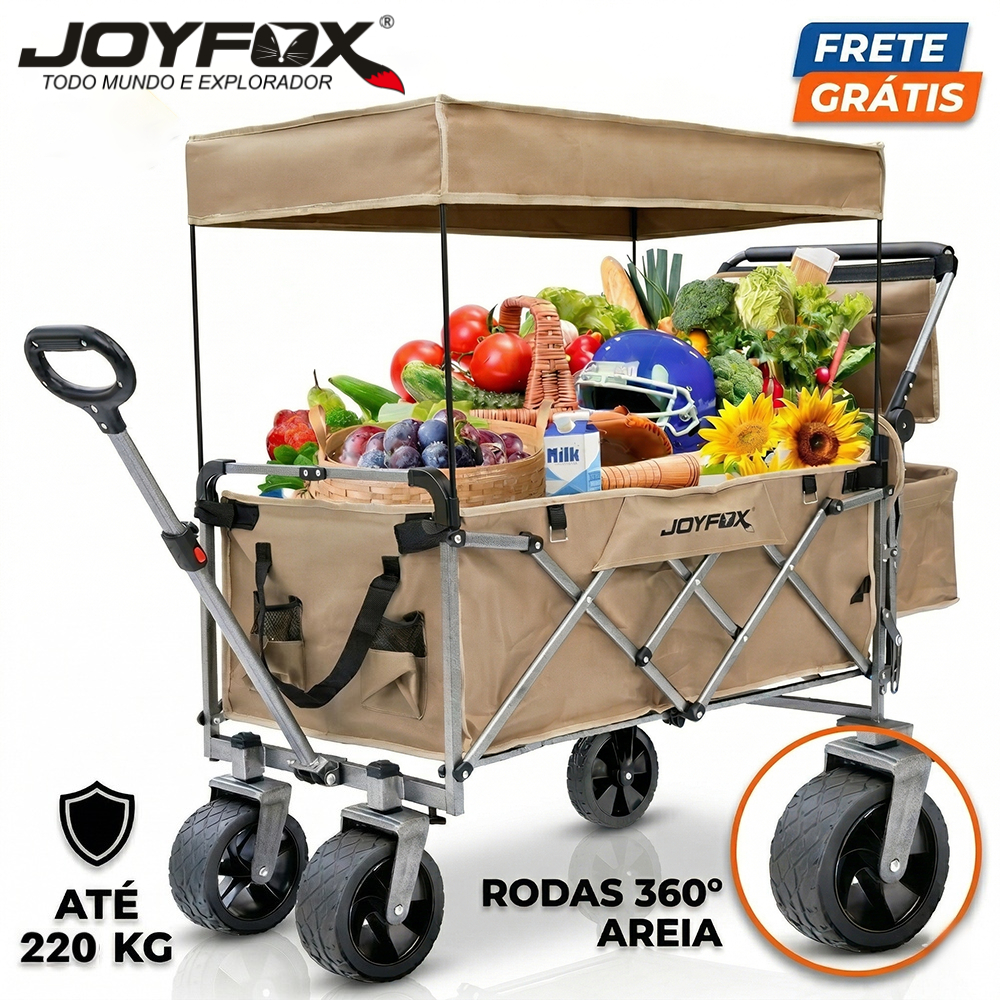 Carrinho Multiuso Dobrável JOYFOX C/ Teto Para Camping Praia Pesca Suporta 220kg Rodas 360°