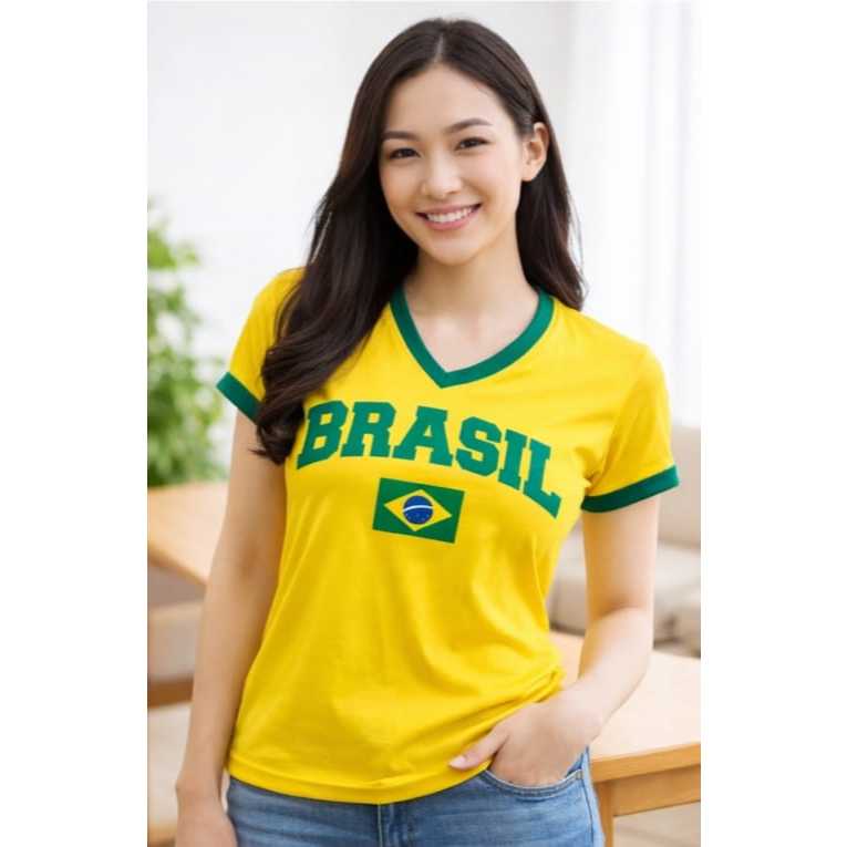 Camiseta Brasil Feminina Copa do Mundo 2026 Bandeira Visco lycra Gola V