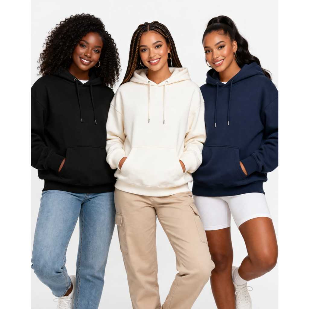 Moletom Canguru Feminino, liso, cor Preto, Off- White e Azul Marinho Flanelado, Inverno P ao GG
