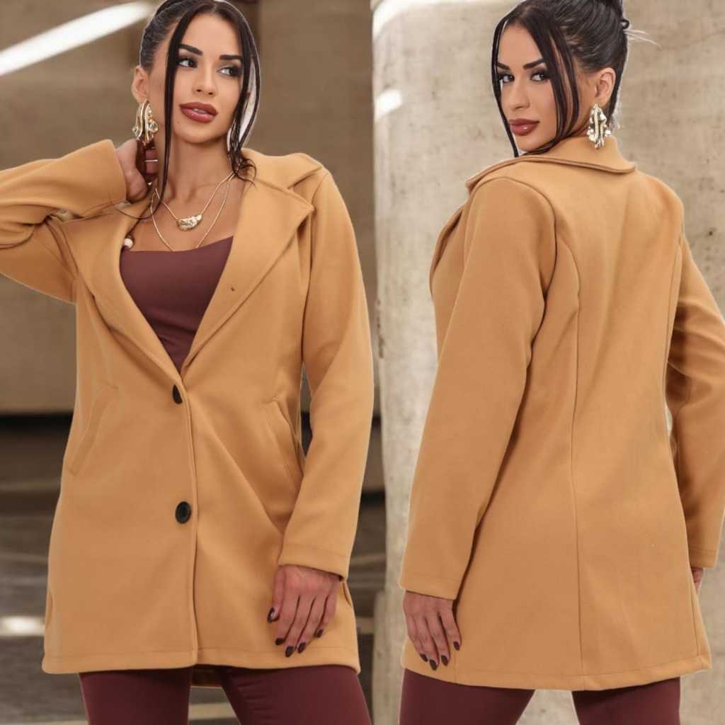 Casaco Feminino Longo Inverno Lã Batida Sobretudo Elegante Acinturado Quente