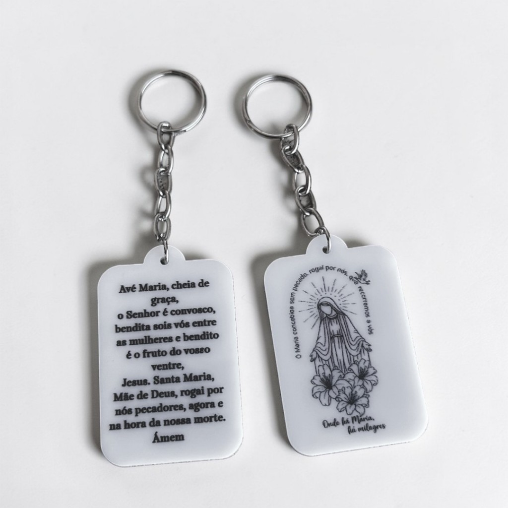 Chaveiro Religioso Ave Maria Personalizado em Acrílico UV | Lembrancinha Católica Nossa Senhora