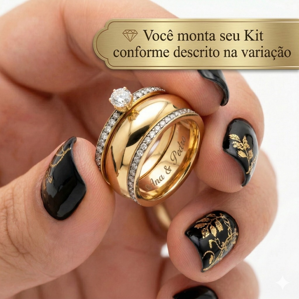 Aliança abaulada e anel  Anéis unidade ou kit com Gravação banhado em ouro 18k (cod-129)