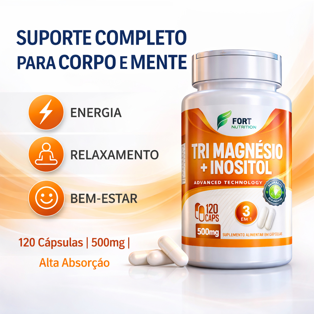 Tri Magnésio + Inositol Fort Nutrition – Suporte Muscular, Metabólico e Emocional | 120 Cáps 500mg