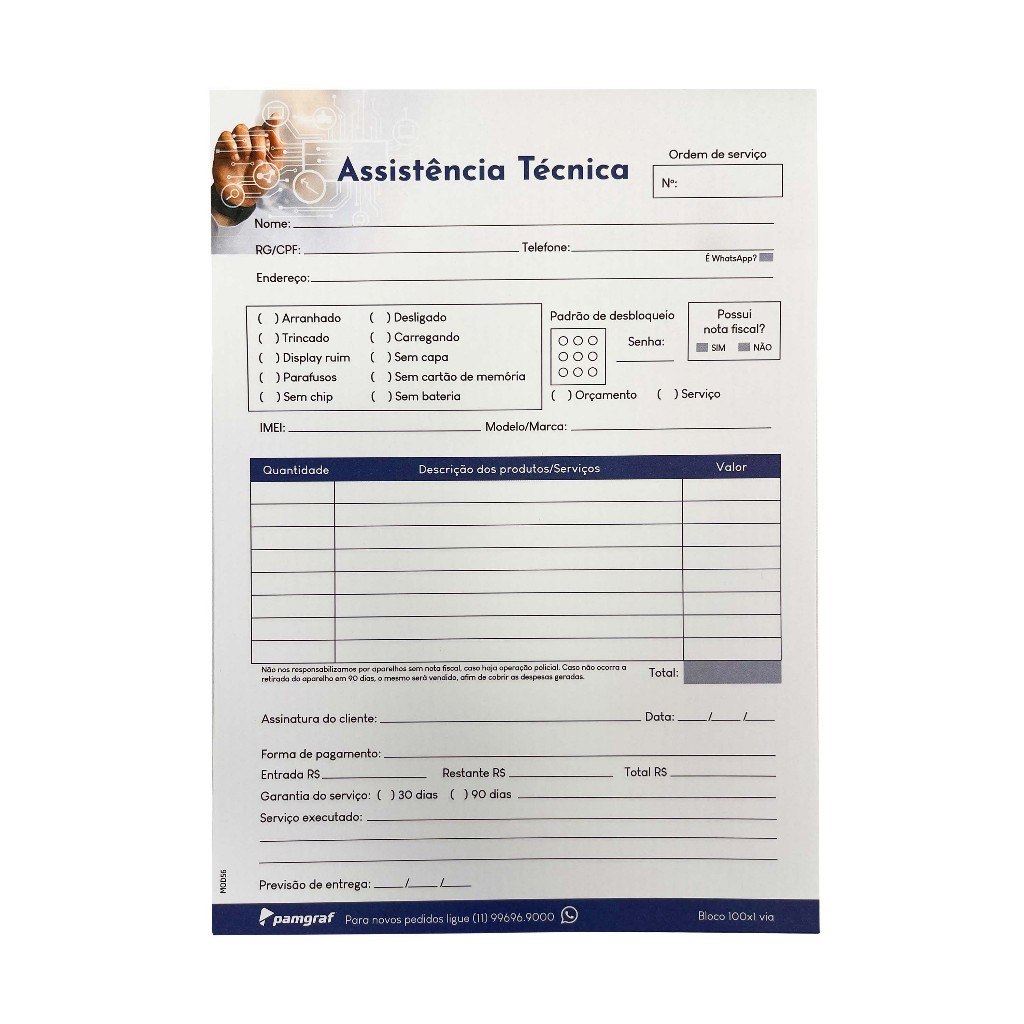1 Bloco c/ 100 Fls de Ordem de Serviço para Assistência Técnica Modelo 01