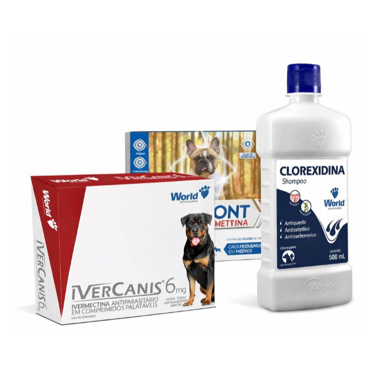 KIT SHAMPOO CLOREXIDINA + IVERCANIS 6MG - CONFRONT 19G COLEIRA ANTIPULGAS - USO VET