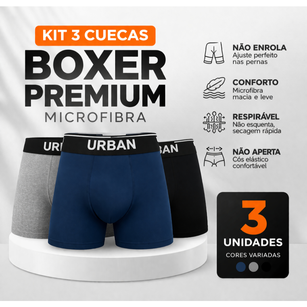 Cueca Masculina Boxer Kit 3 Confortável Microfibra Premium Não Enrola Não Aperta