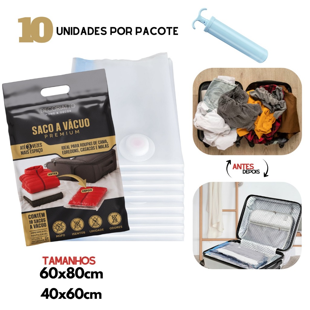 Kit 10 Saco a Vácuo com Bomba Manual Organizador p/ Mala Viagem Roupas Guarda Roupa Edredom