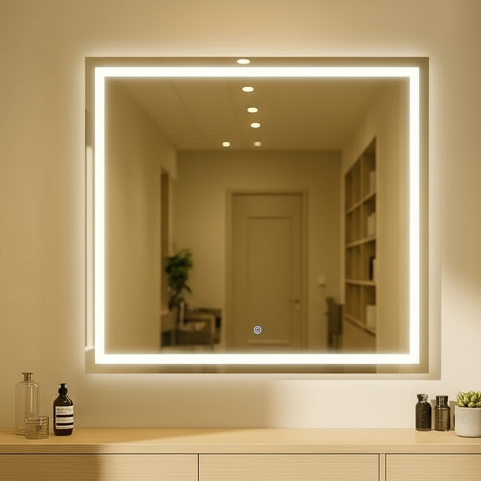 Espelho Quadrado Jateado com Led 80x80 Cm Premium Decorativo
