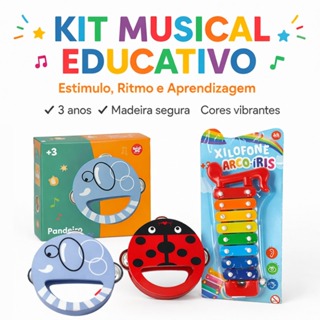 Instrumentos Musicais Educativos Infantil Madeira – Xilofone Colorido + Pandeiro | Brinquedo Musical Didático +3 Anos em Oferta na Shopee