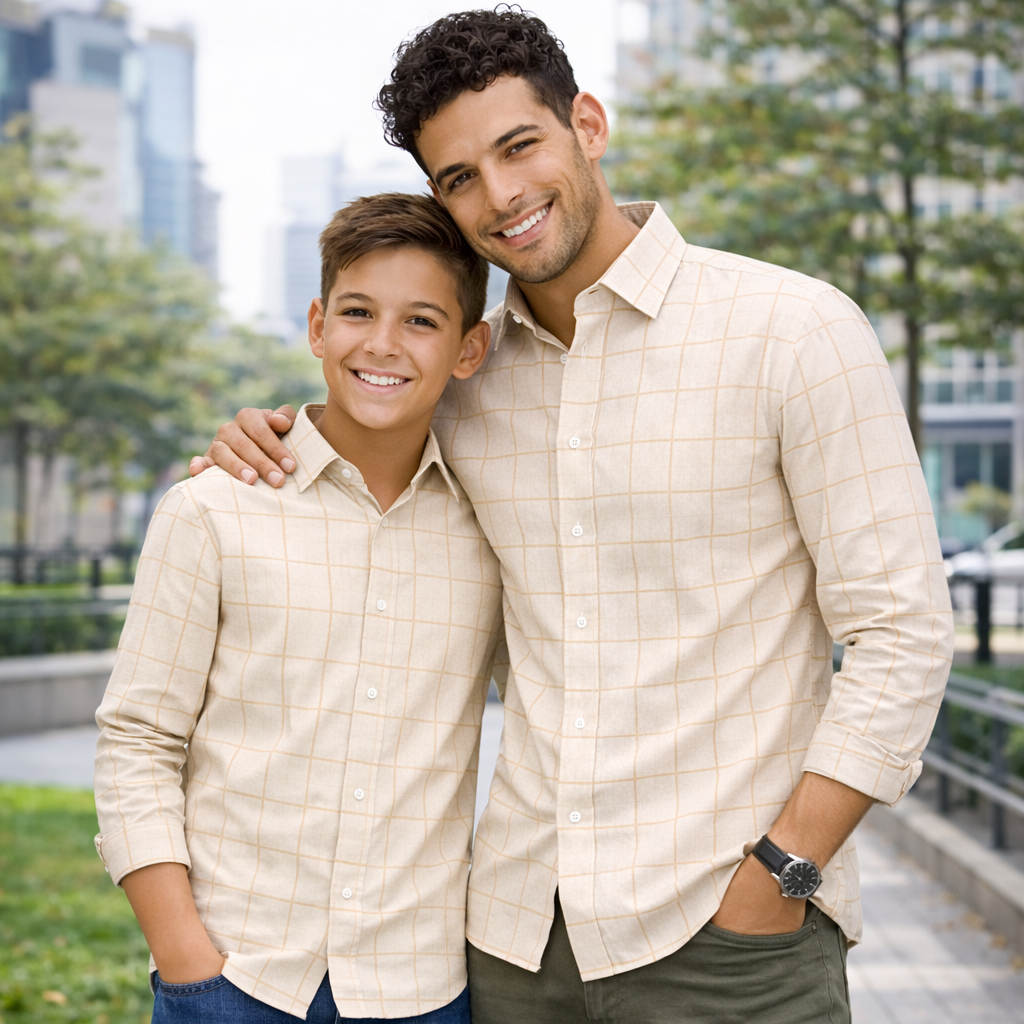 Camisa Social Tal Pai Tal Filho Cor Linho Listra Dourada Kit Camisas Iguais Adulto e Infantil Manga Longa