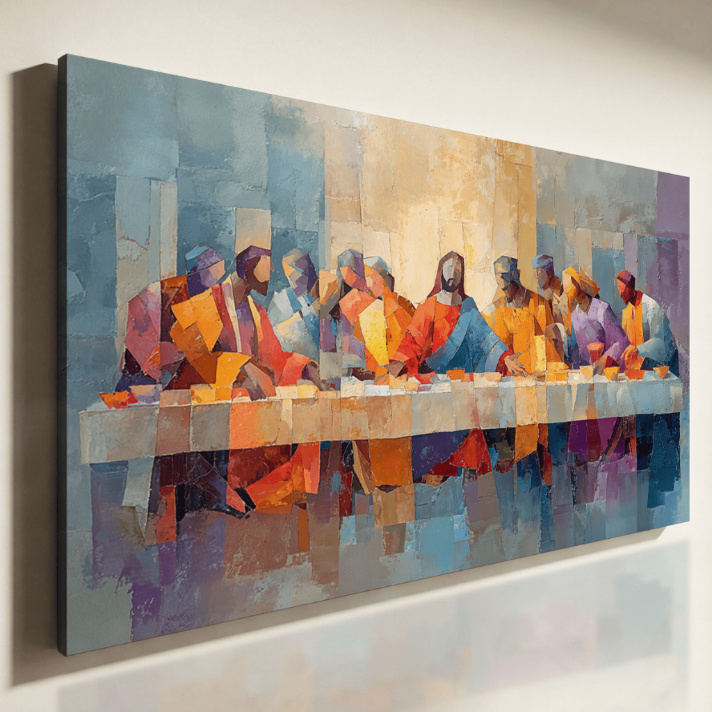 Quadro Decorativo Última Ceia Abstrata Jesus e Apóstolos Arte Moderna Colorida Luxo