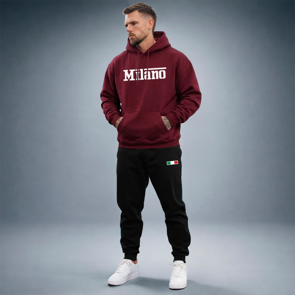 Conjunto Moletom Com Calça Milano Blusa Canguru Capuz Bolso Algodão Flanelado Quentinho Urbano Kit
