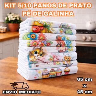 Pano de Prato Kit 5/10 Pé de Galinha 100% Algodão Alta Absorção Cozinha Louça Pia Estampado Macio Grosso Limpeza em Oferta na Shopee