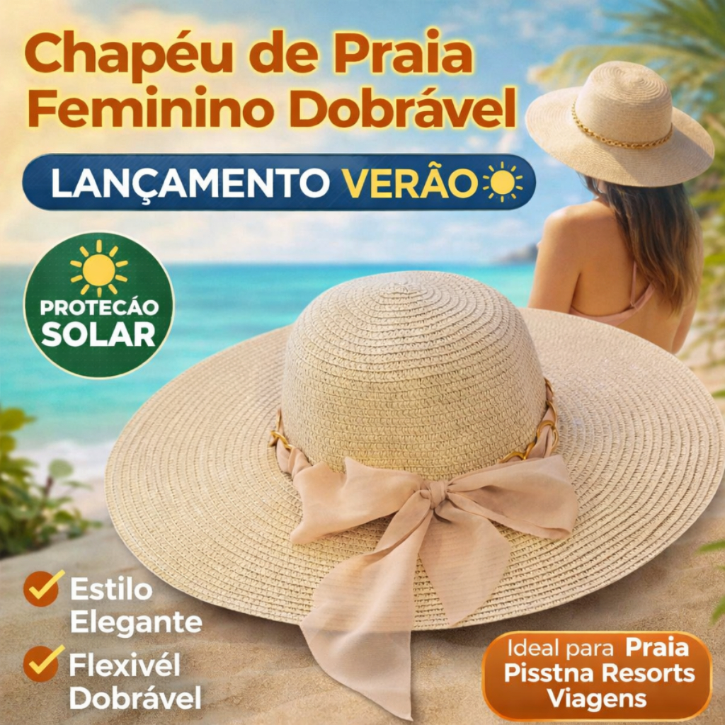 Chapéu Moda Praia Feminino Palha Laço Floppy Aba Grande Verão Sol Mulher Sombreiro Dobrável Casual