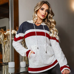Blusa Feminina Tricot Mousse de Frio Alemanha com Capuz e Bolso Manga Longa Listrada Moda Inverno