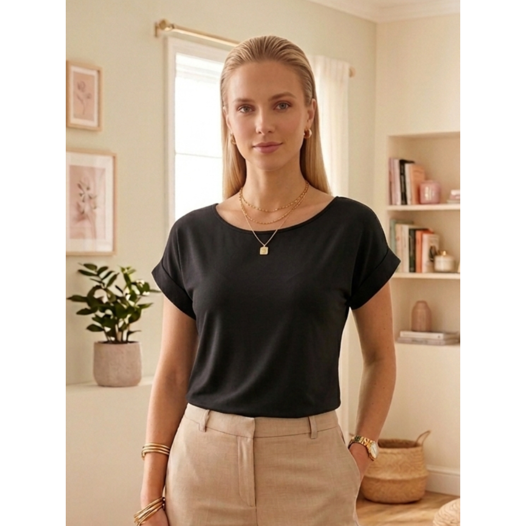 Blusa feminina manga curta babado trabalho confortável dia a dia elegante casual