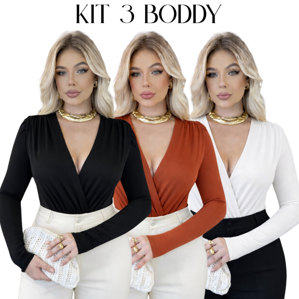 Kit 3 Body Feminino Manga Longa Decote V Body Básico Elegante Moda Feminina Confortável