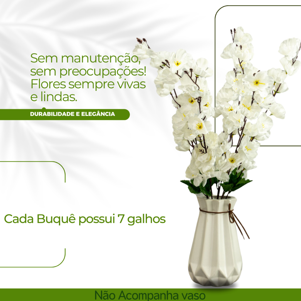 Buque Flor Cerejeira Branco 7 Galhos Artificial Decorativa Planta — imagem 2 de 2