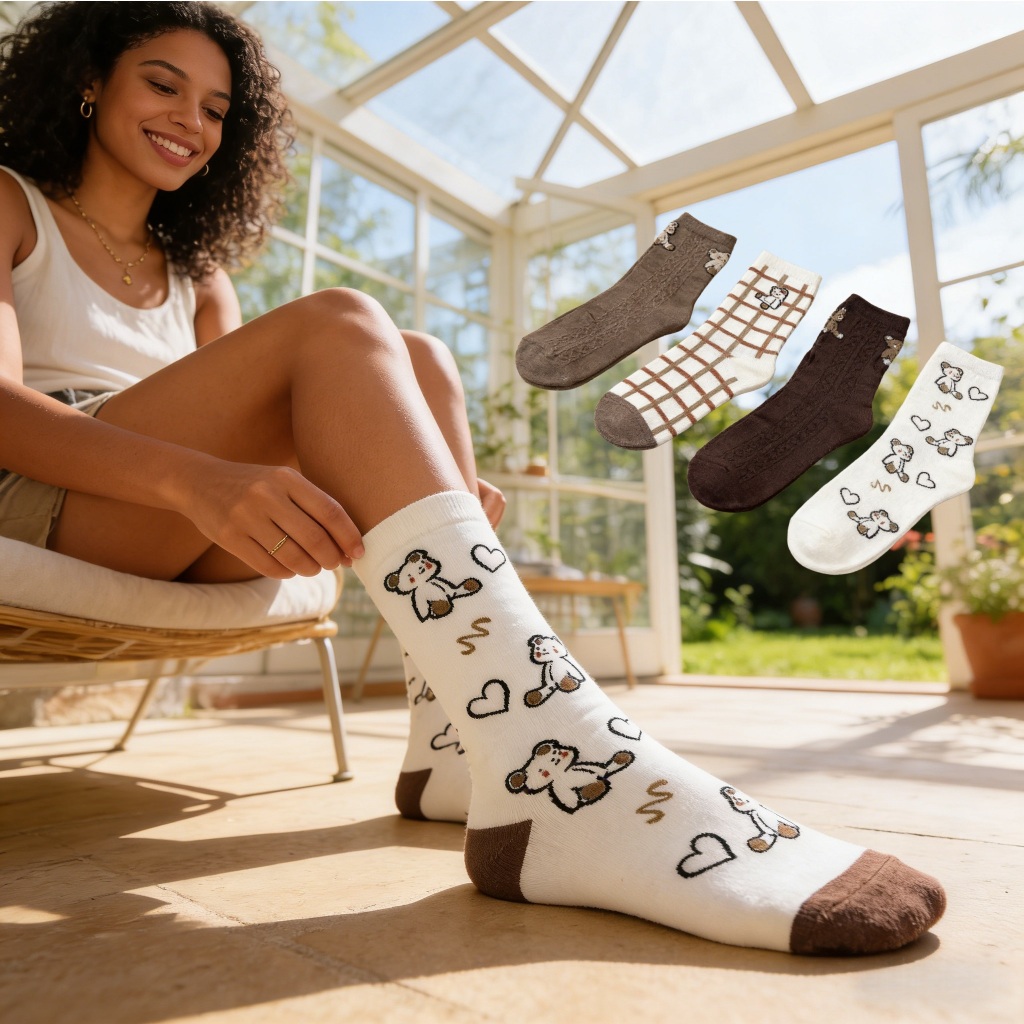 Kit 4 Pares de Meias Femininas Estampado Ursinho Confortável - Tamanho Único