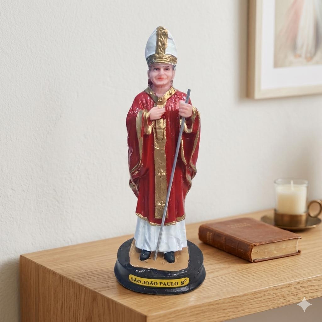 Imagem Papa João Paulo II Resina 15cm Pintada à Mão Decoração Religiosa Presente Católico Artesanal