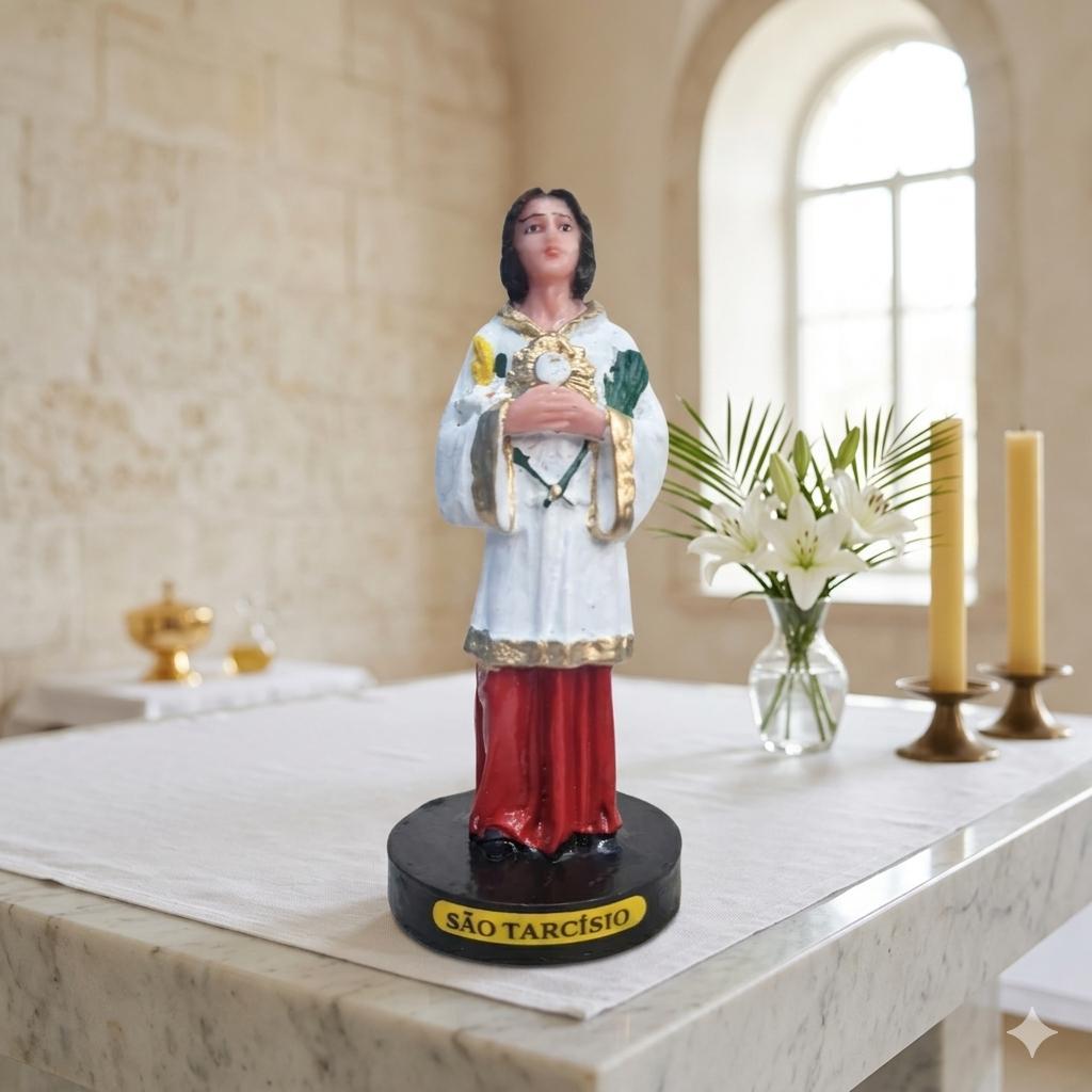 Imagem São Tarcísio Resina 15cm Pintada à Mão Decoração Religiosa Presente Católico Artesanal