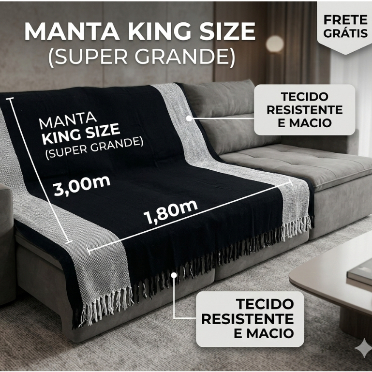 Manta King  3,00M x 1,80M Sofá Grande Grossa Decoração Sala Protetora Decorativa Colcha Coberta
