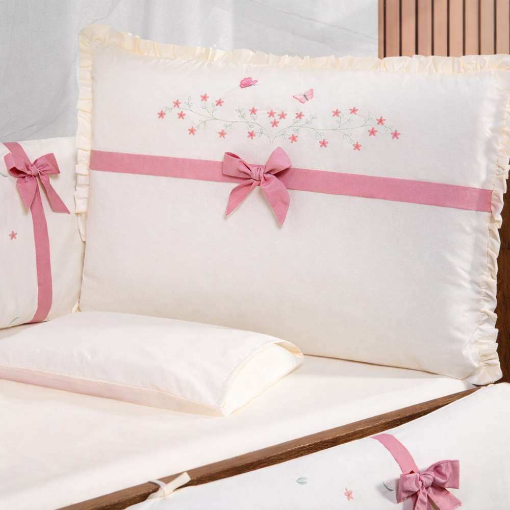 Kit Berço Menina 10 Peças Palha com Laços Rose e Mosquiteiro - Enxoval Completo Lançamento Brubrelel
