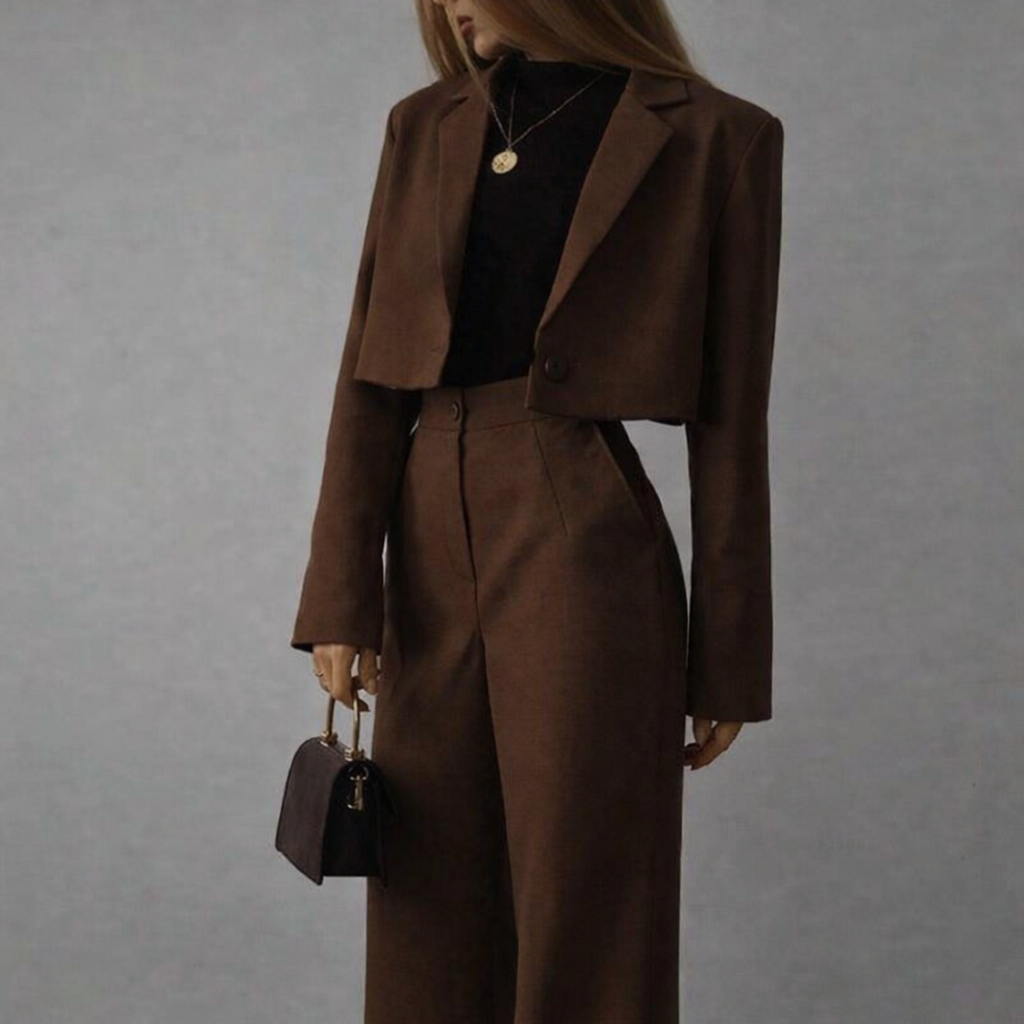 Conjunto Feminino Alfaiataria Blazer Cropped + Calça Pantalona Cintura Alta Social Elegante Inverno Style