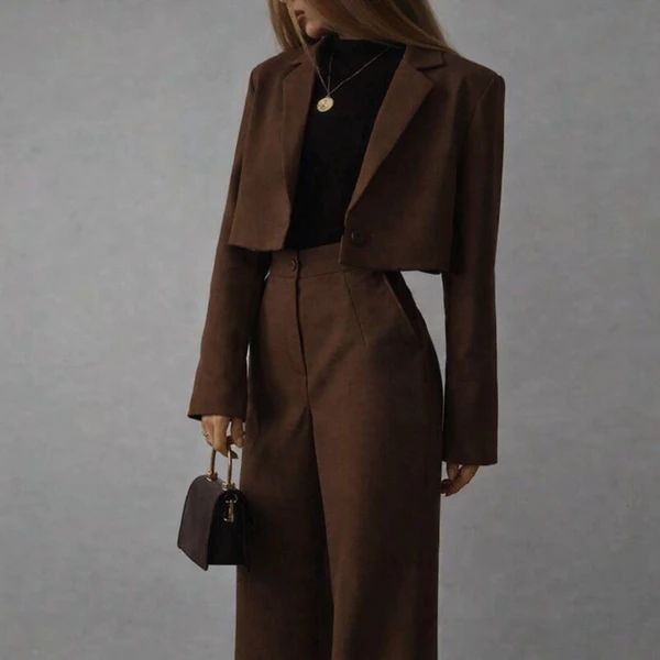 Conjunto Feminino Alfaiataria Blazer Cropped + Calça Pantalona Cintura Alta Social Elegante Inverno Style