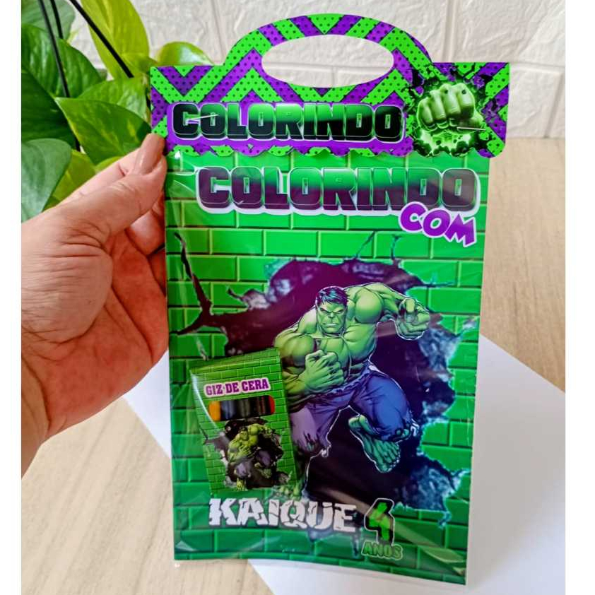 Kit de Colorir Lembrancinha Personalizada - Livro + Mini Giz - Hulk / Livrinhos de Colorir Revista para Colorir em Festa