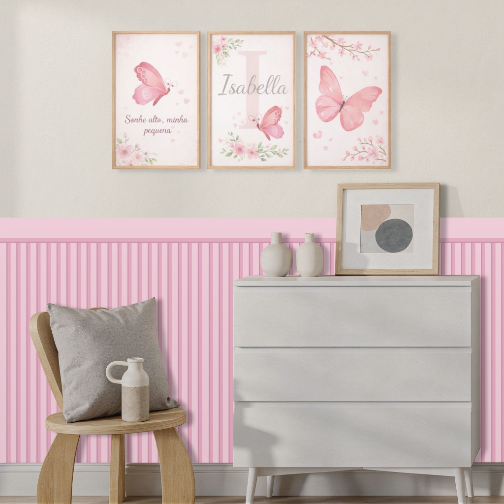 Papel de Parede para Quarto de Menina Meia Parede Papel de Parede Ripado Madeira Infantil