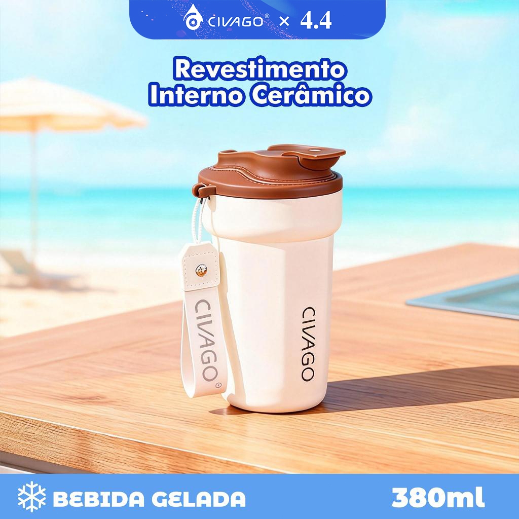 CIVAGO Copo Térmico 380ml inox Portátil com Revestimento Interior Cerâmica Quente/Frio Antivazamento