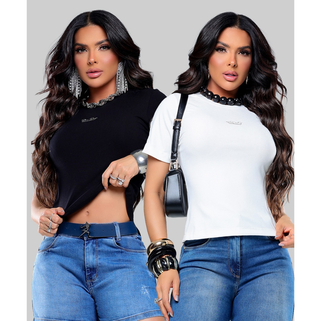 Camiseta Baby Look Blusa Camisa Feminina Canelado Rhero Slim Premium Com Elastano Lycra