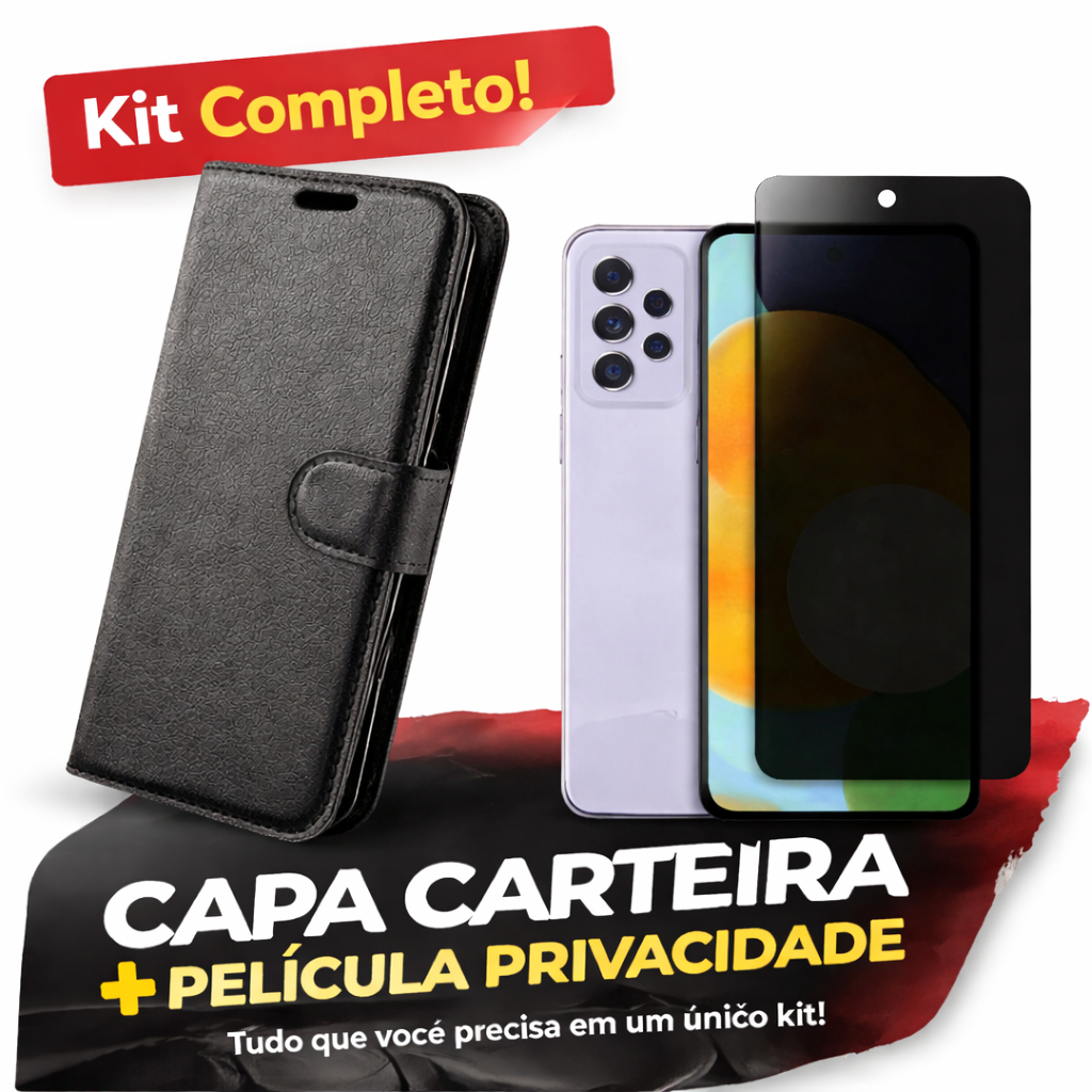 Kit Capa Carteira + Película 3D Privativa Anti Espião Para Motorola G10 G13 G22  G32 G31 G52 G71