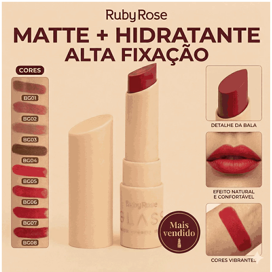 Batom Bala Creamy Matte Glass Ruby Rose