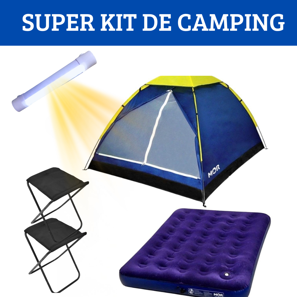 Kit Completo de Camping Colchão Inflável de Casal + Barraca + 2 Banquetas + Luminária