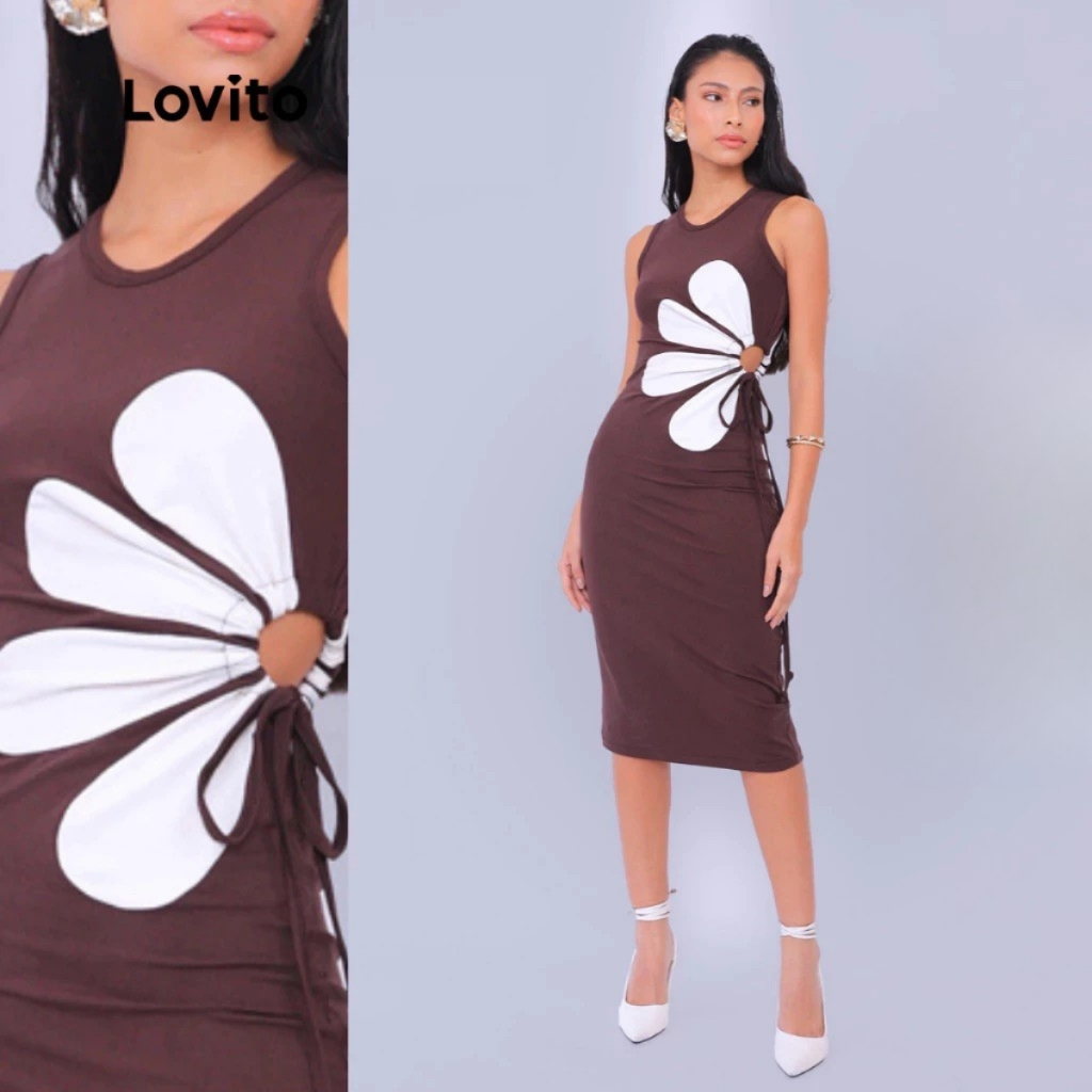 Lovito Bossa l Vestido Feminino Casual Liso com Recorte de Flores DRB889BRL919 em Oferta na Shopee