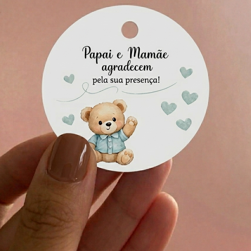 Tag Ursinho Azul Chá de Bebê | Mamãe e Papai Agradecem a Presença | Tag Lembrancinha Chá de Fralda Menino | Lembrança Ma
