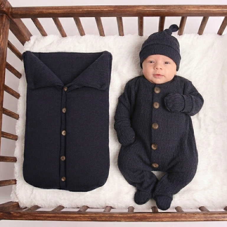 Saída de Maternidade Tricot Bebê Kit Completo Macacão Saco de Dormir Touca Luvas