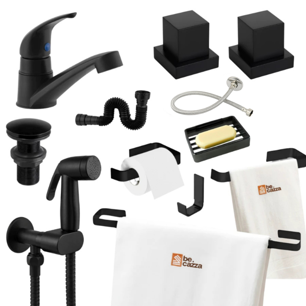 Kit Banheiro Preto Fosco Completo + Torneira + Ducha Slim + Válvula Click + Sifão e Engate Inox 60cm em Oferta na Shopee