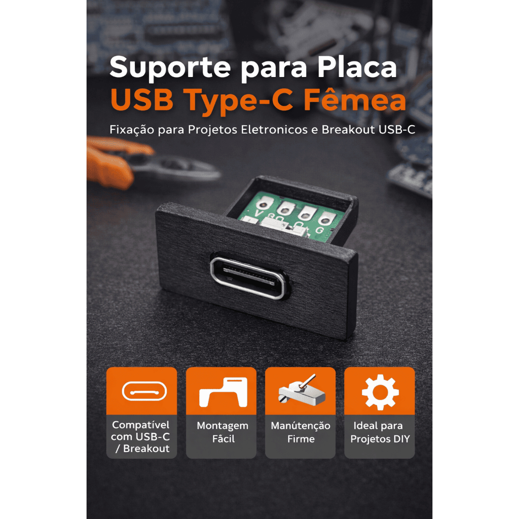 Suporte para Placa USB Type-C Fêmea | Breakout USB-C | Fixação para Projetos Eletrônicos